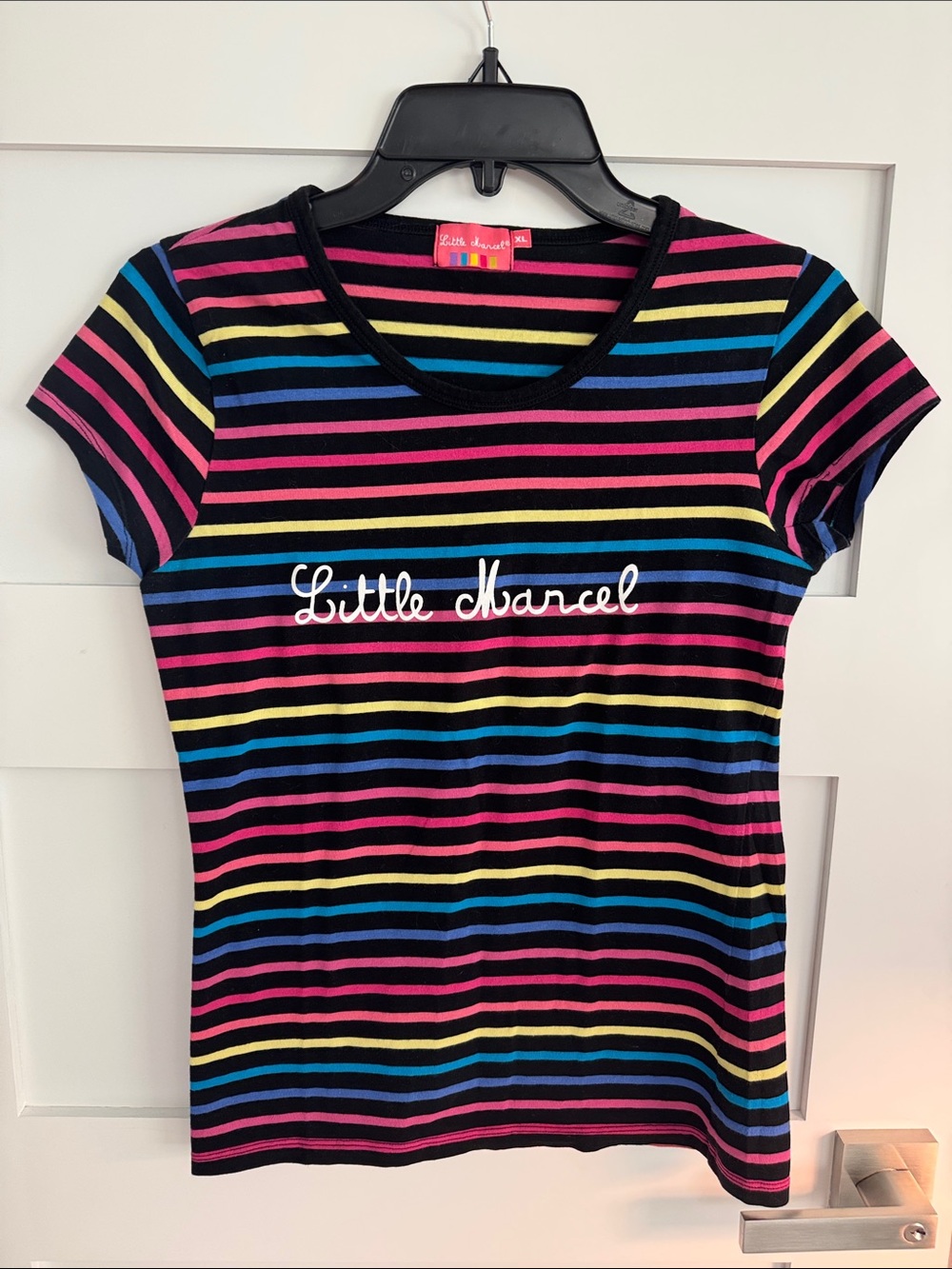 Little Marcel Black Tee with Pink, Yellow & Blue Stripes